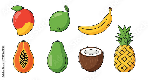 Cartoon fruits collection with mango lime banana papaya avocado coconut pineapple