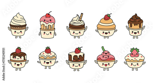Cartoon ice cream cones and cups colorful desserts on white background