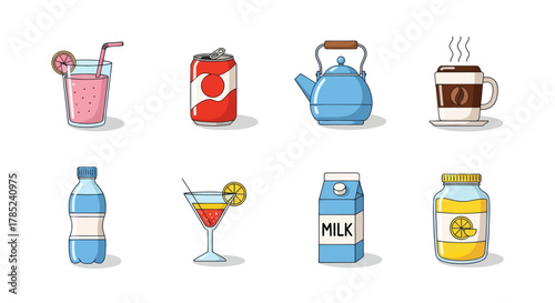 Assorted beverages and drinks collection illustrated in modern flat design