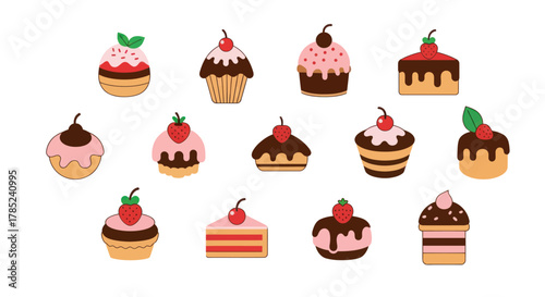 Assorted colorful cupcakes and cakes displayed on white background
