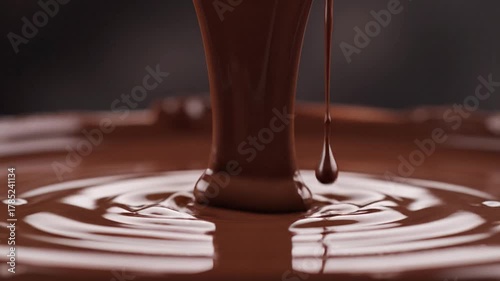 Stream of melted milk chocolate pouring into a glossy pool, forming smooth ripples and a splash crown, rich creamy texture and silky shine, appetizing macro close‑up
