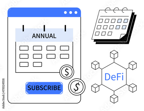 Calendar marked for annual subscription, payment icon with coins, and decentralized finance network diagram. Ideal for fintech, blockchain, subscription management, online payments, decentralized