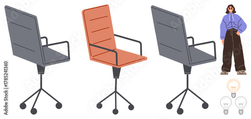 Three swivel office chairs with armrests, one highlighted in orange, a person in casual clothing, lightbulb icons. Ideal for innovation, choice-making, creativity, brainstorming, office culture