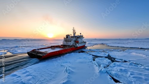 Aerial shot of a red icebreaker ship navigating through the frozen arctic sea at sunset. the sea