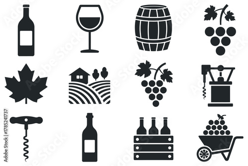 Collection of black and white wine related icons on a white background