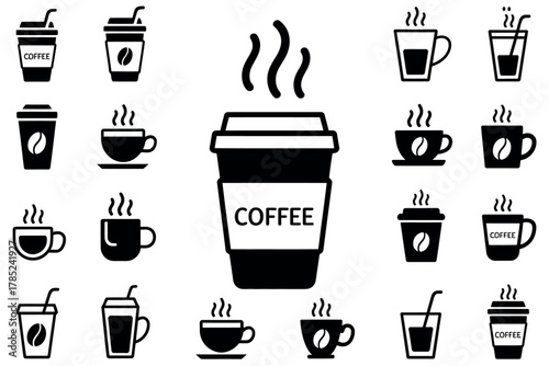 Various black and white coffee cup and mug icons with steam and coffee beans