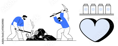 Workers mine rocks using tools thumbs up pickaxes and a magnifying glass. Nearby, jars sit on shelves and a heart symbolizes dedication. Ideal for teamwork, labor, mining, effort, energy