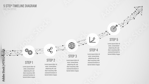 Abstract 5-step timeline diagram with dotted line arrow, connecting points, and business icons for progress, technology, and success.