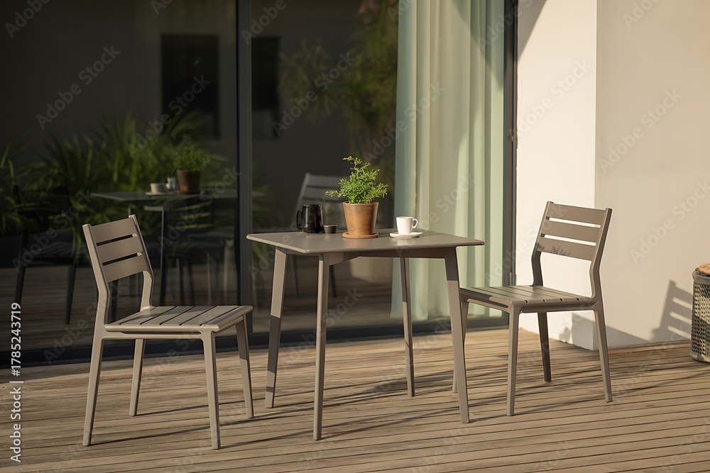 Fototapeta premium Patio table and chairs on wooden deck