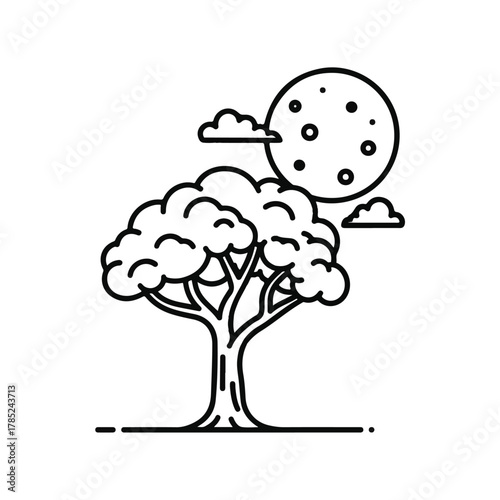 Stylized illustration of a large tree under a moonlit sky with clouds