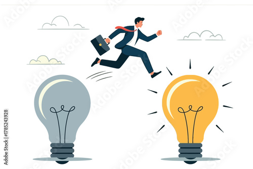 Businessman jumping from dim lightbulb to bright lightbulb with briefcase