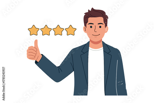 Man in blazer giving thumbs up with three gold stars above his shoulder