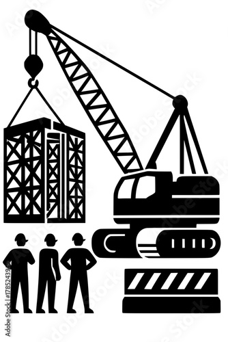 Construction crane lifting materials with workers