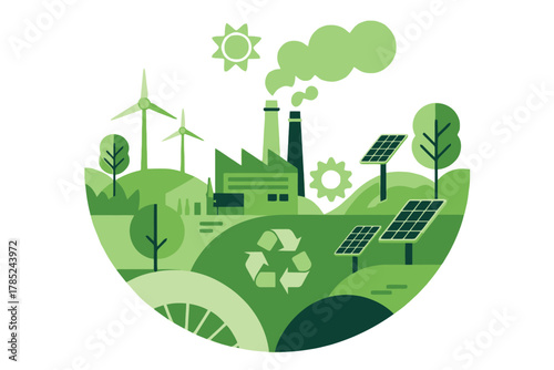 Illustration of green energy sources with factory and recycle symbol