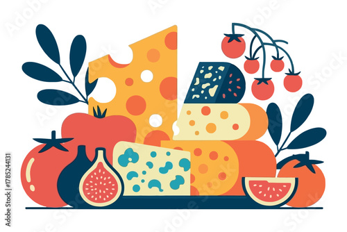Illustration of various cheeses tomatoes figs and leafy branches on white