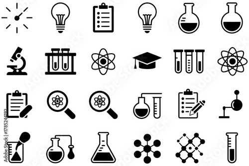 Black and white science themed icons including bulbs atoms and glassware set