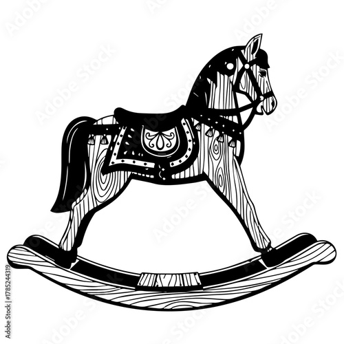 Traditional Wooden Rocking Horse with Intricate Carvings and Curved Base