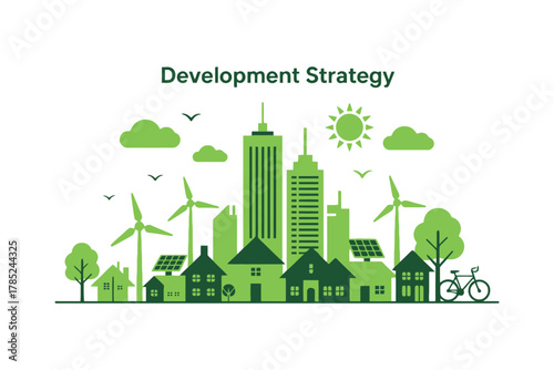 Green city skyline with wind turbines solar panels and bicycle illustration