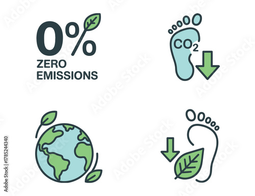 Icons representing zero emissions, carbon footprint reduction, and earth friendly
