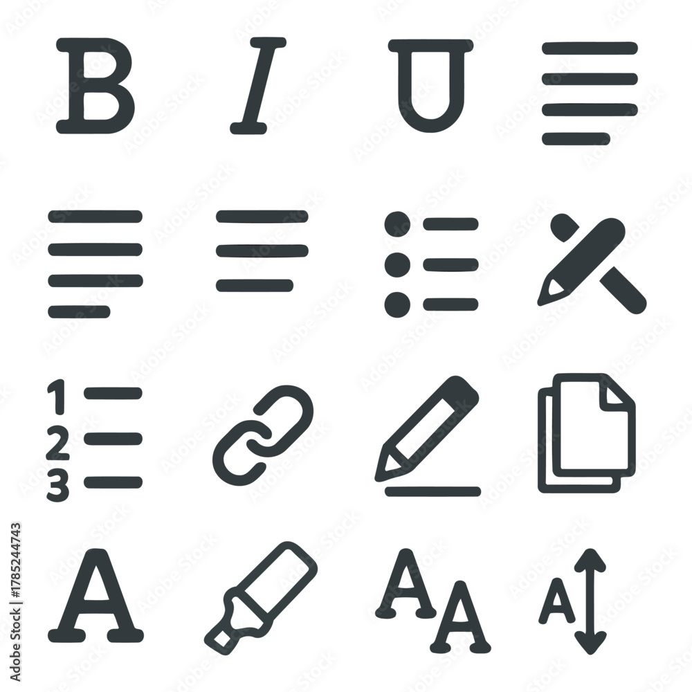 Fototapeta premium Formatting Icons: A collection of meticulously designed icons representing common text formatting and editing tools, catering to diverse creative and professional applications.