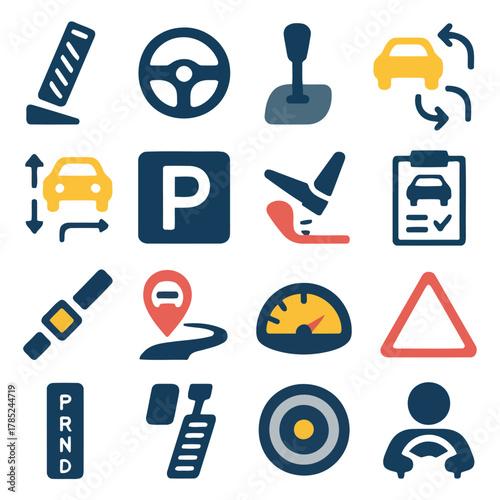 Driving Essentials Icons: A collection of simple, yet informative, icons representing various aspects of driving and vehicle operation, suitable for educational or instructional purposes.