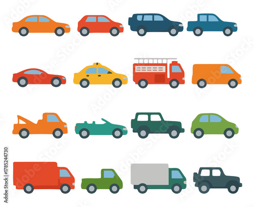 Assorted Car Collection: A collection of various car illustrations, each showcasing unique designs, colors, and styles. Explore the diverse world of vehicles, from compact cars to utility trucks.