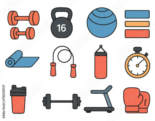 Fitness Elements Icons: An array of colorful fitness elements and icons, neatly arranged, representing a comprehensive range of workout equipment and accessories for a healthy and active lifestyle.