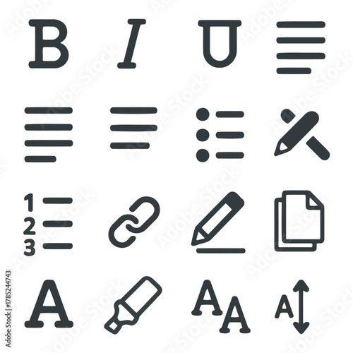 Formatting Icons: A collection of meticulously designed icons representing common text formatting and editing tools, catering to diverse creative and professional applications.