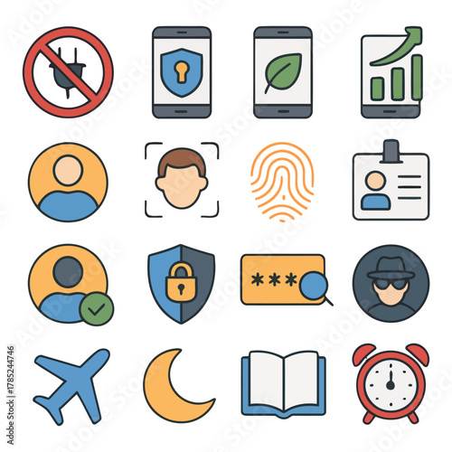 Iconic Digital Symbols of Modern Security & Innovation: This image is a modern visual representation of digital security and other relevant topics. The elements work together.