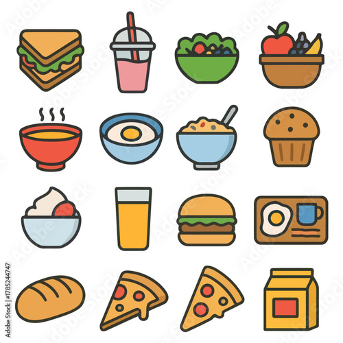 Culinary Delights: An array of appetizing food icons representing a variety of dishes. Explore a selection of sandwiches, salads, pizzas, and other delectable items.