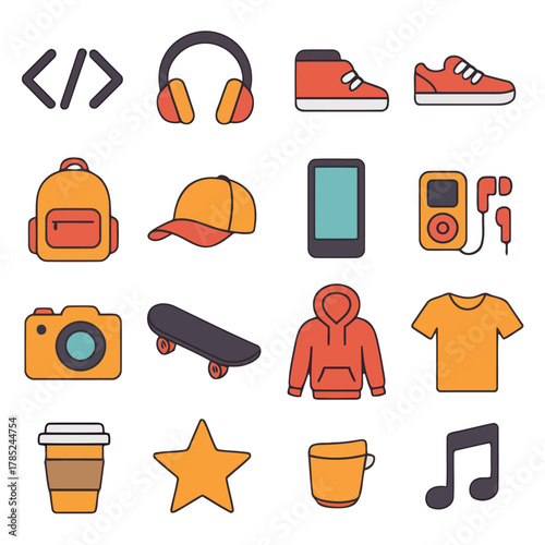 Tech Gadgets and Leisure: A vibrant array of tech gadgets and leisure items, each with a unique flair, come together to create a collection, capturing modern lifestyle. 