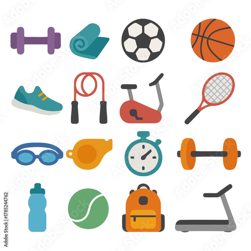 Sport Equipment Collection: a collection of diverse sports equipment for fitness and sports, each item meticulously depicted in vibrant detail, inviting viewers to explore the world of athletics.