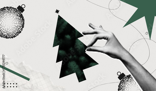 Trendy Halftone Collage Merry Christmas and New Year poster. Hand holds simple geometric Christmas tree. Xmas greeting card with bauble. Contemporary vector illustration art