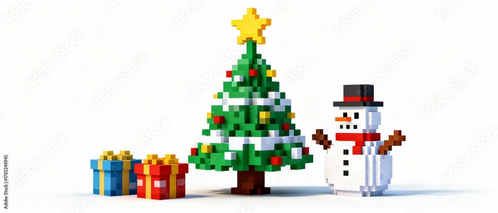 Naklejka premium 3D pixel art video game style Christmas tree snowman gifts white background for design projects - AI genereted