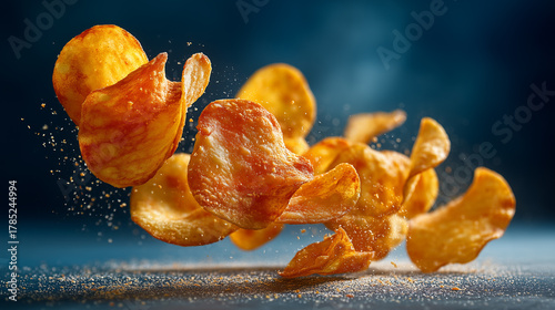 Golden-brown potato chips and seasoning dust floating, flying, and falling through the air, on blue background.