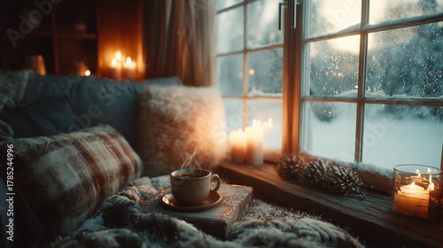 Steaming mug and glowing candles resting on cozy knit blanket, with soft string lights and snowy, blurred city view visible outside window.
