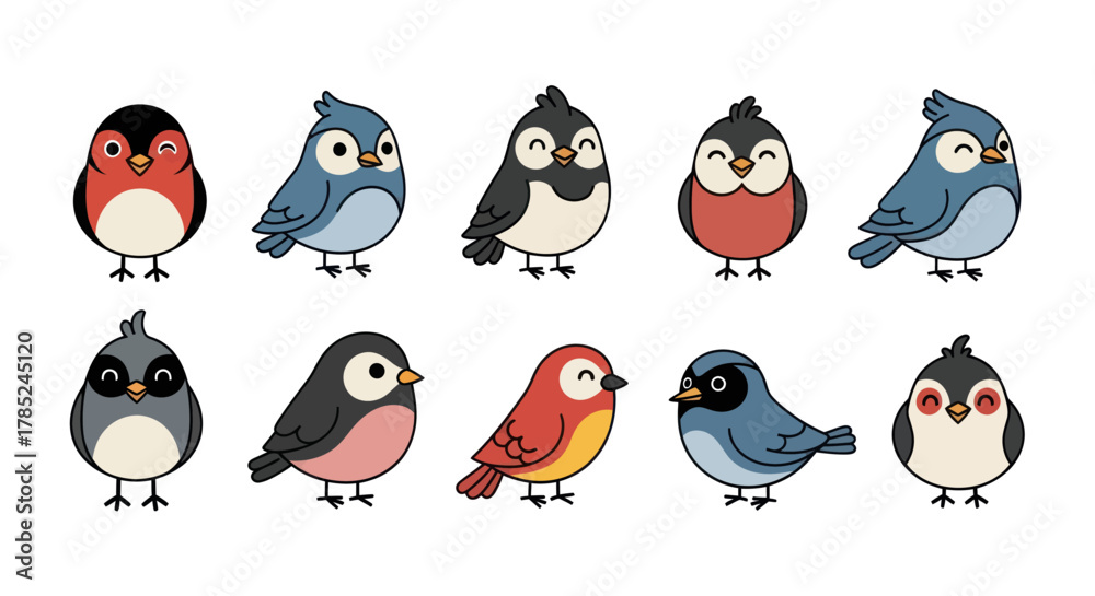 Fototapeta premium Cartoon birds collection in various colors and poses isolated on white
