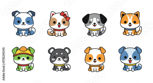 Cartoon dogs collection featuring various breeds in colorful friendly poses