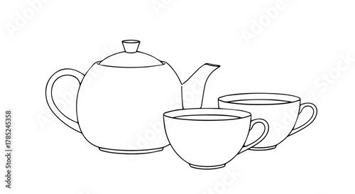Minimalist line art illustration of a teapot and two teacups, a classic tea set for a relaxing beverage time