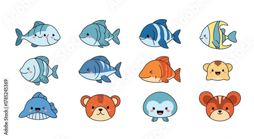 Cartoon fish collection colorful aquatic creatures in various styles