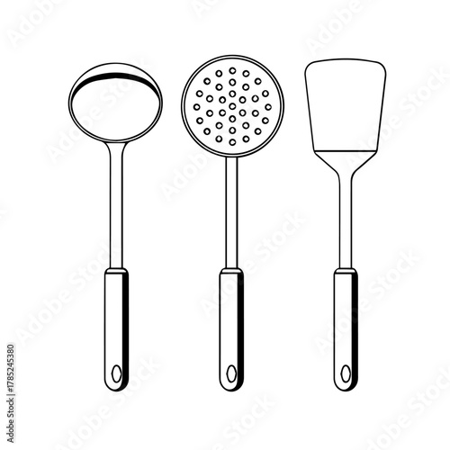 Kitchen Utensils Ladle, Slotted Spoon, and Spatula Line Art for Culinary Enthusiasts and Chefs
