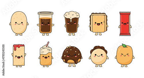 Cartoon food collection smiling happy characters isolated white background