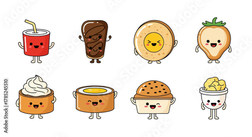 Cartoon food collection with cheerful expressions and minimalist style