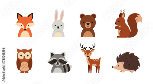 Cartoon forest animals collection fox rabbit bear squirrel owl raccoon