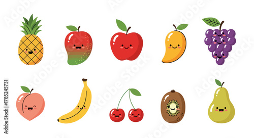 Cartoon fruits collection with happy faces on a white background