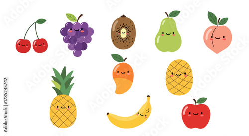 Cartoon fruits collection with happy faces on white background