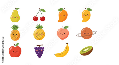 Cartoon fruits collection with happy faces on white background isolated