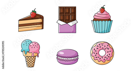 Assortment of desserts cake chocolate cupcake ice cream macaron and donut