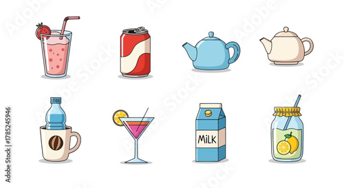 Assortment of refreshing beverages and drinkware on a clean white background