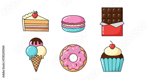 Assortment of sweet desserts cake macaron chocolate ice cream donut and cupcake